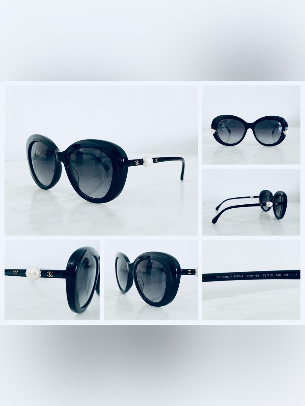 CHANEL Black Round Sunglasses with Pearl Temple Accent